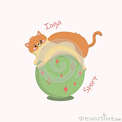 Red-haired cartoon cat on a ball goes in for sports, yoga. Vector Illustration